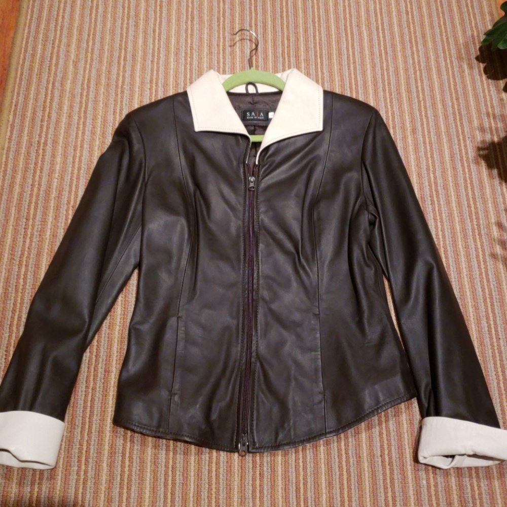 Dark Brown Leather Coat With Cream Cuff/Collar